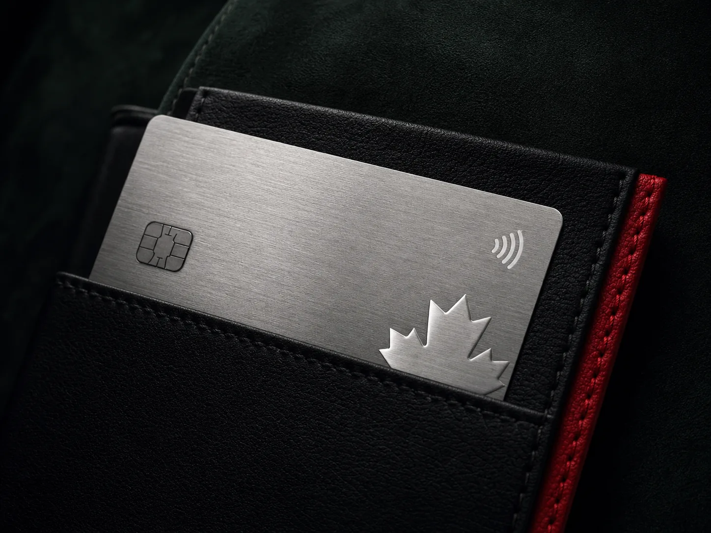Brushed-metal payment card with a maple-leaf detail